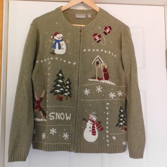 Croft & Barrow Winter Scene Sweater Size XL Snowman Cardinals Skis Full Zip - Picture 1 of 6